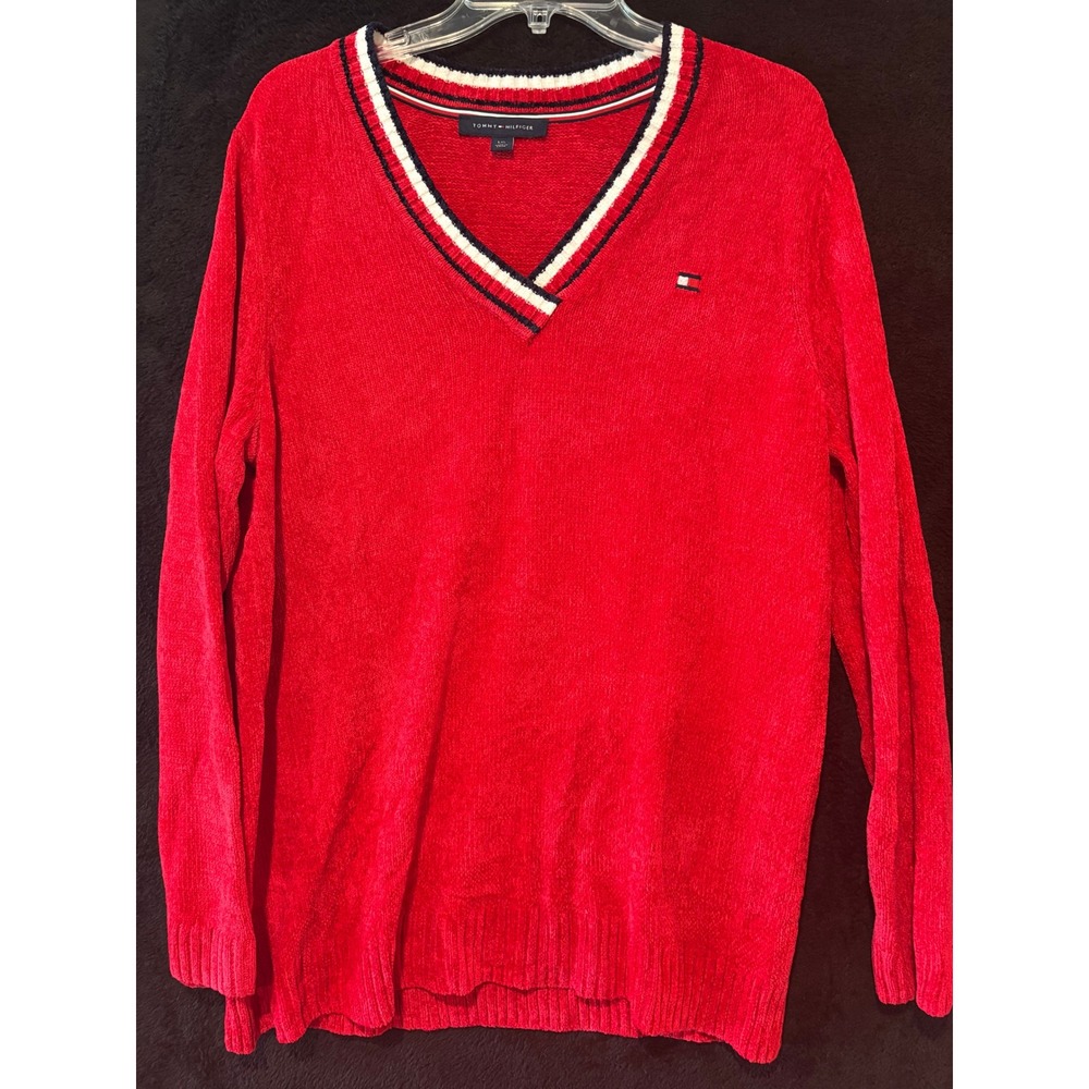 Tommy Hilfiger Sweater Mens L Red V-Neck Knit Pullover‎ Classic Fit Large
